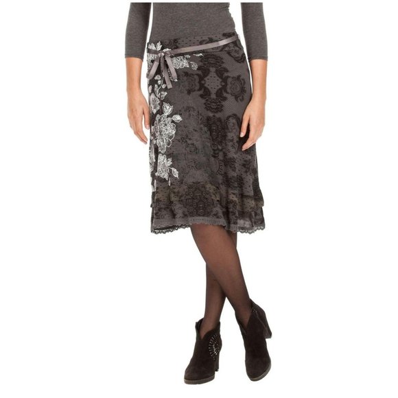 DESIGUAL Sacha Skirt Gray Lace Print sz M Women's - Picture 1 of 11